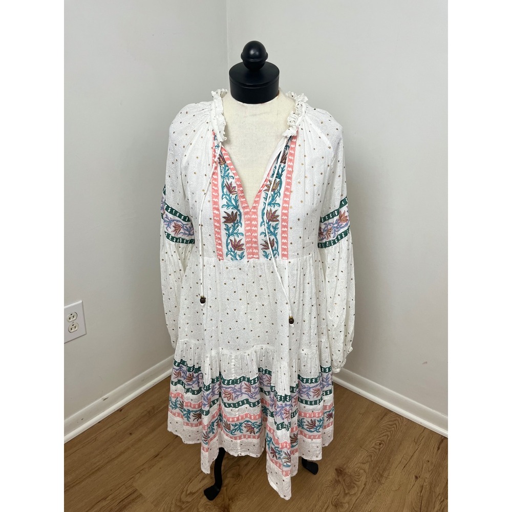 Oliphant Boho Tiered Mini Dress Medium White Floral Cotton Tassel Tuckernuck